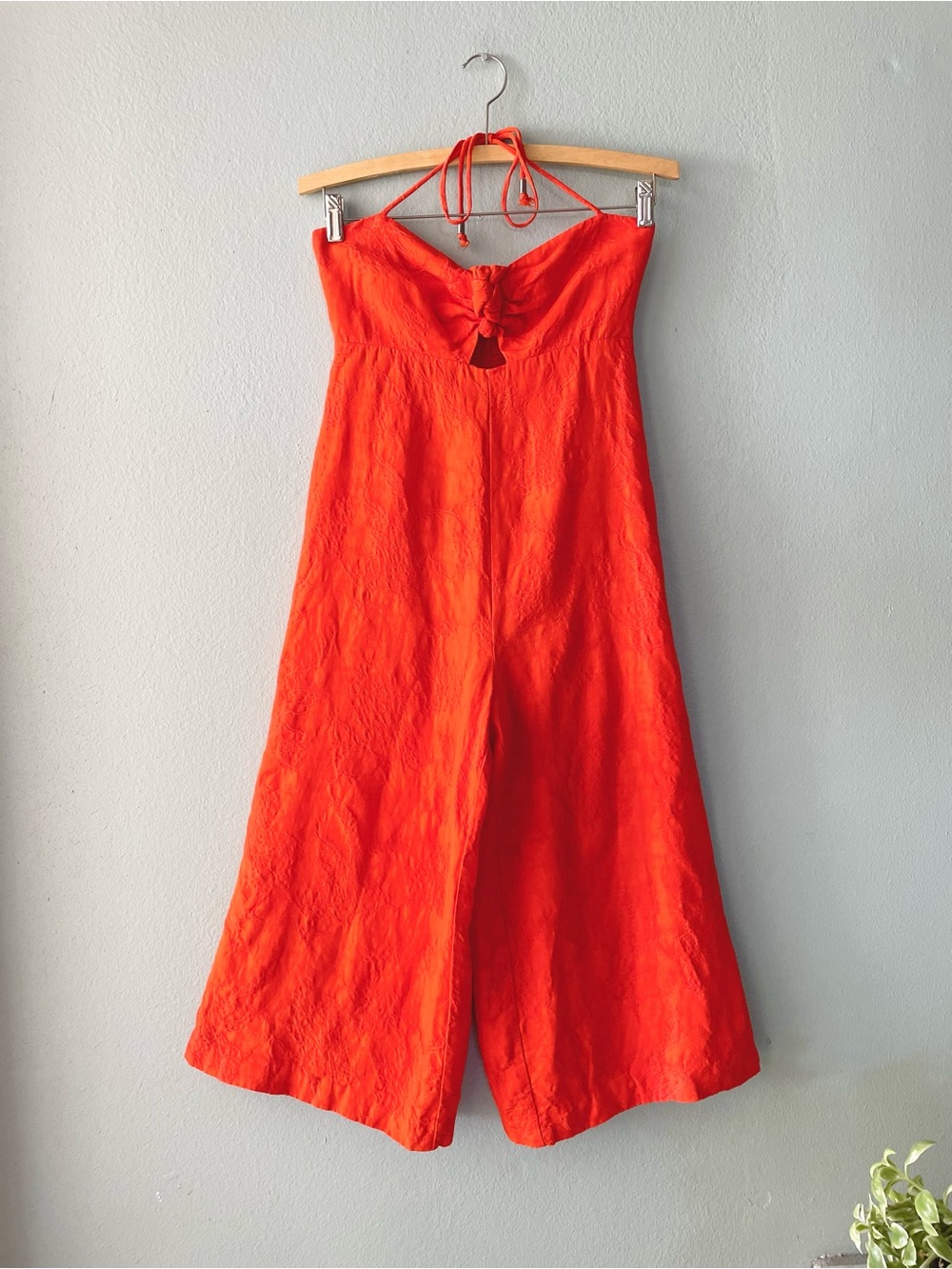 🌱5/$25🌱 Elevenses | Anthro Bright Orange Tropical Embroidered Petite Jumpsuit